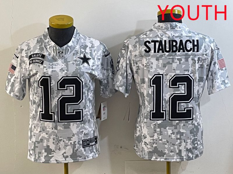 Youth Dallas Cowboys #12 Staubach Camo Nike Olive Salute To Service Limited NFL Jersey style 1